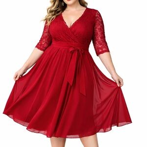 Pinup Fashion Red Lace Wrap-Style Midi‎ Dress Size 2XL 26W